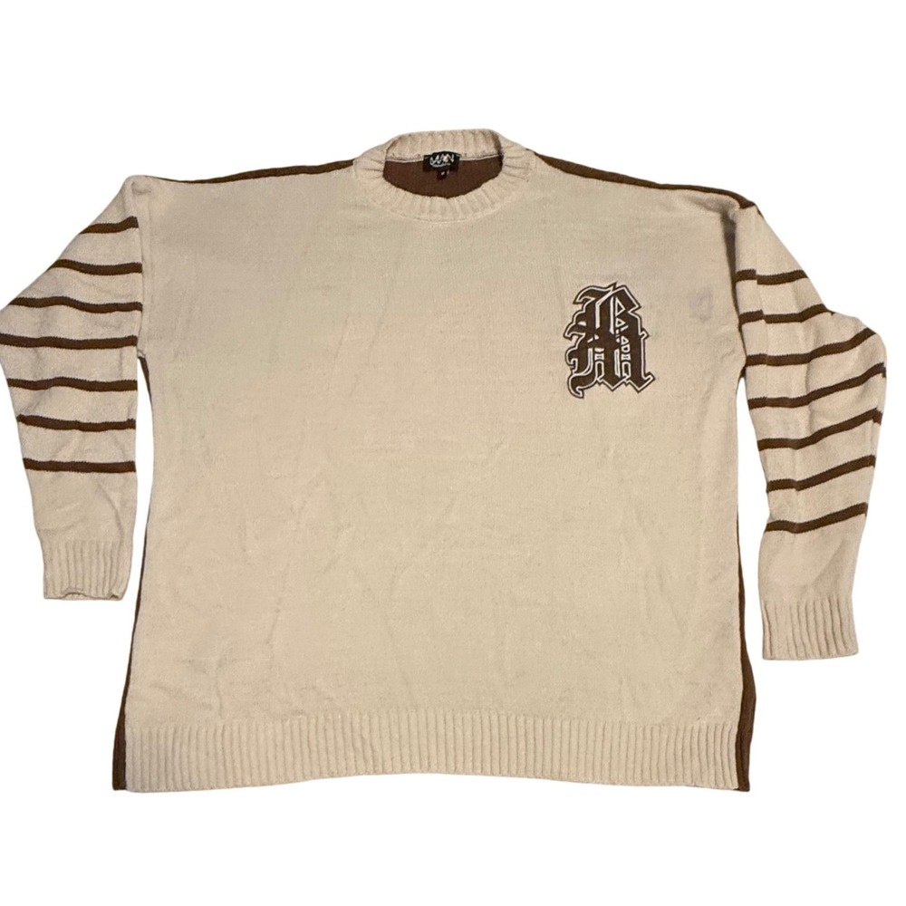 BoohooMAN Mens Oversized Knit Sweater Brown Cream Striped Letter B Streetwear M‎